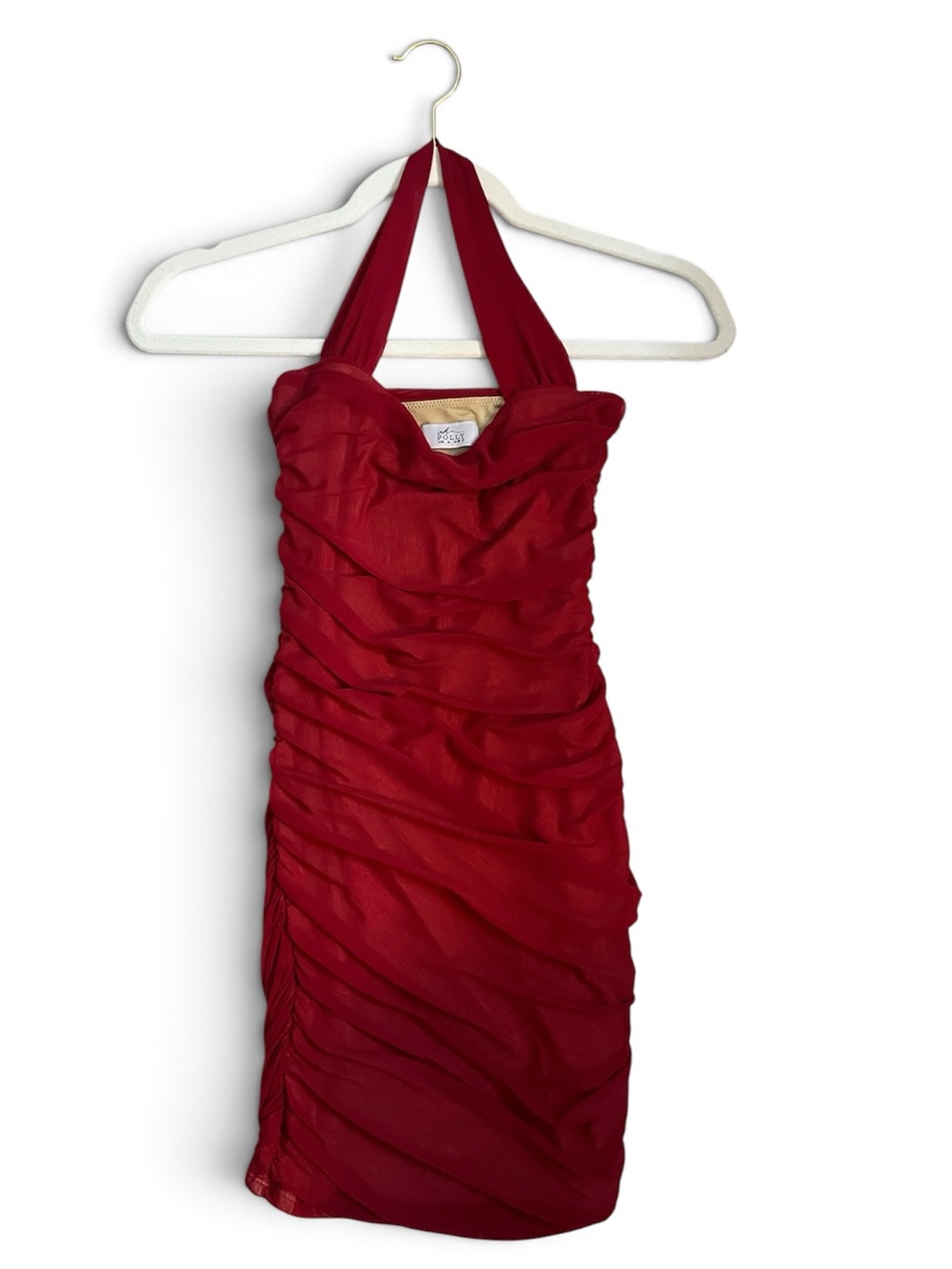 Oh Polly Wine Red Ruched Mini Mesh Halter Bodycon Dress